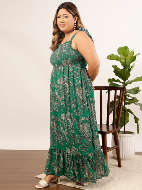 CURVY STREET Plus Size Green Ethnic Motifs Printed Shoulder Straps Smocked Maxi Dress - Image 3