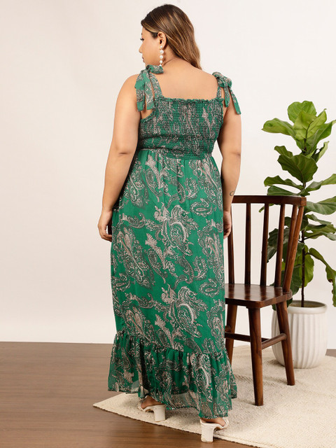 CURVY STREET Plus Size Green Ethnic Motifs Printed Shoulder Straps Smocked Maxi Dress - Image 4