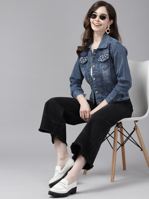 Aarika Washed Embroidered Crop Cotton Denim Jacket - Image 5
