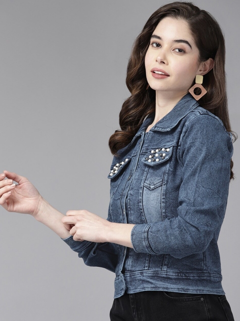 Aarika Washed Embroidered Crop Cotton Denim Jacket - Image 3