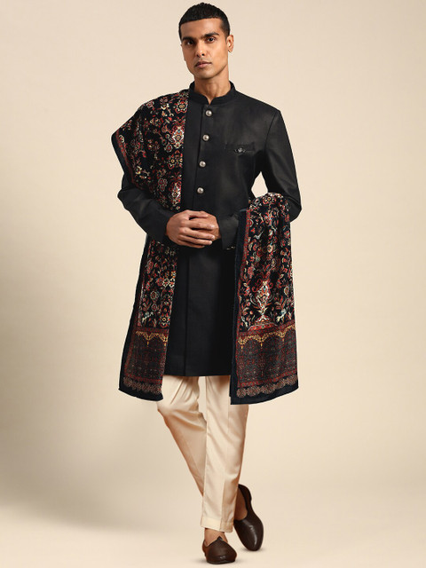 KISAH Men Cotton Indowestern Sherwani & Trouser With Printed Dupatta