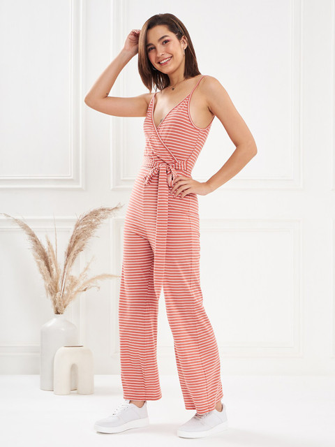 KASSUALLY Brown & White Striped Wrap Basic Jumpsuit