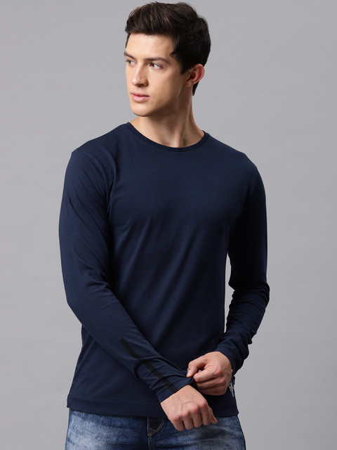 HRX by Hrithik Roshan Men Navy Blue Solid Round Neck Pure Cotton T-shirt
