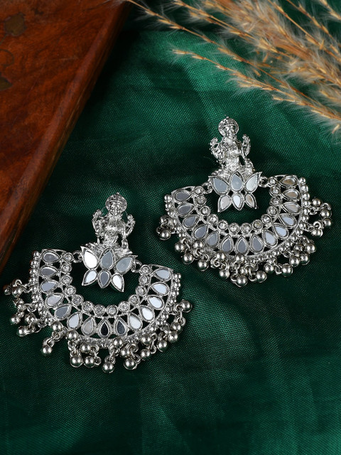 AQUASTREET Lakshmi design Mirror studded ChandBali Earrings Copper Silver Plated