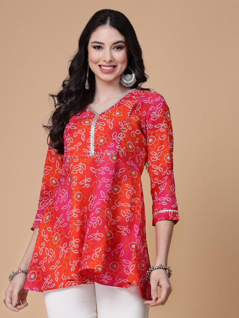 God Bless Bandhani Printed V-Neck Gotta Patti A-Line Kurti