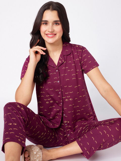 beebelle Burgundy Graphic Printed Night suit