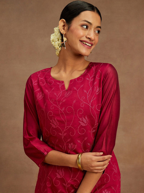 Libas Floral Printed Thread Work Chanderi Silk Kurta - Image 2