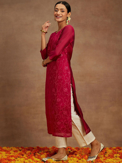 Libas Floral Printed Thread Work Chanderi Silk Kurta - Image 3