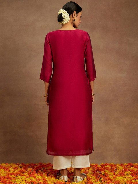 Libas Floral Printed Thread Work Chanderi Silk Kurta - Image 4