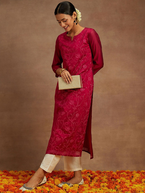 Libas Floral Printed Thread Work Chanderi Silk Kurta - Image 5