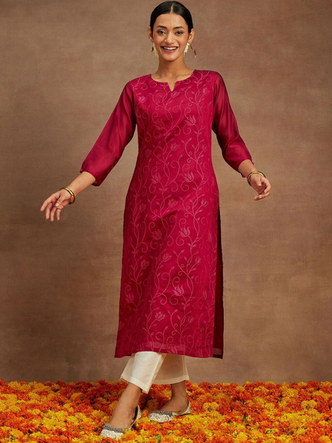 Libas Floral Printed Thread Work Chanderi Silk Kurta