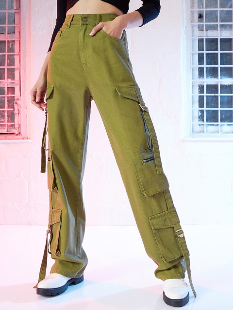 SASSAFRAS Women Green Straight Fit High-Rise Clean Look Pure Cotton Cargo Jeans
