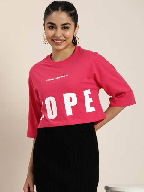 HERE&NOW Women Typography Printed Drop-Shoulder Sleeves Boxy T-shirt