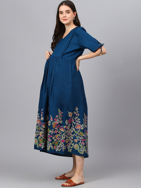 Negen Floral Printed Maternity Fit & Flare Midi Dress - Image 4