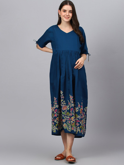 Negen Floral Printed Maternity Fit & Flare Midi Dress