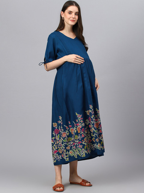 Negen Floral Printed Maternity Fit & Flare Midi Dress - Image 3