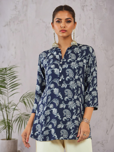 Soch Blue Paisley Printed Mandarin Collar Kurti