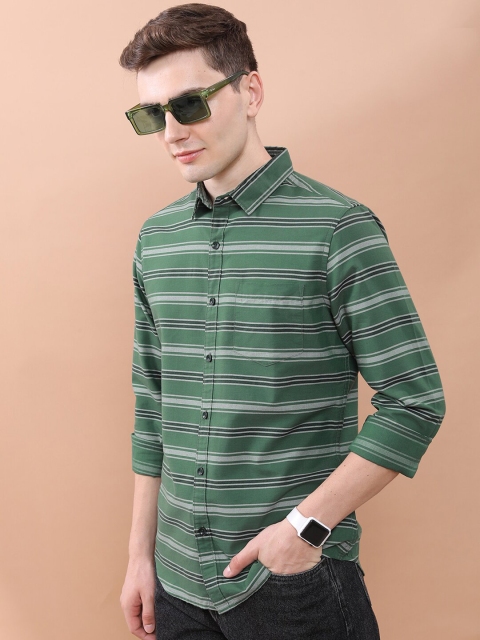 HIGHLANDER Green & White Horizontal Striped Slim Fit Twill Weave Casual Shirt - Image 4