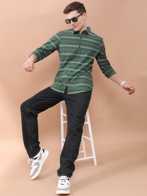 HIGHLANDER Green & White Horizontal Striped Slim Fit Twill Weave Casual Shirt - Image 6