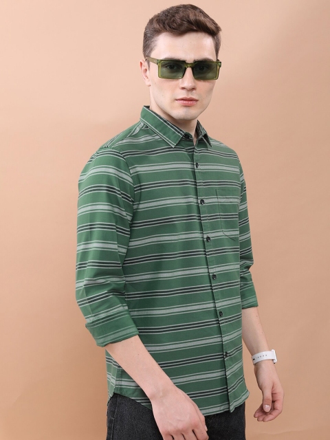 HIGHLANDER Green & White Horizontal Striped Slim Fit Twill Weave Casual Shirt - Image 3