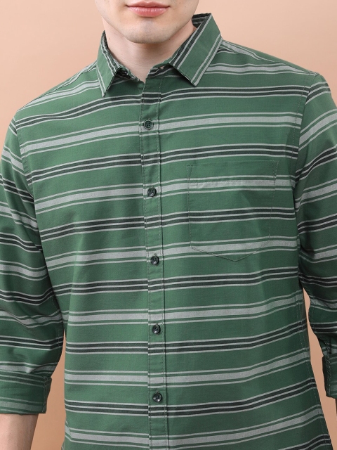 HIGHLANDER Green & White Horizontal Striped Slim Fit Twill Weave Casual Shirt - Image 2