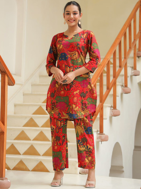 Rain & Rainbow Abstract Printed Pure Cotton Round Neck Tunic With Trousers