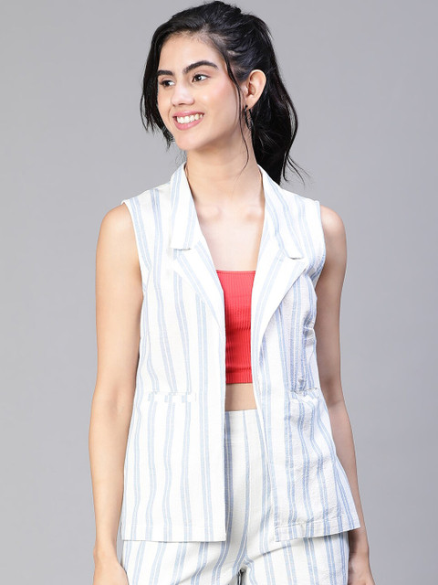 Oxolloxo Striped Notched Lapel Sleeveless Front Open Pure Cotton Waistcoat