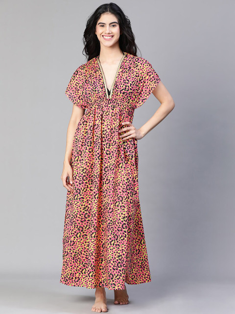 Oxolloxo Animal Printed Cotton Maxi Beachwear Dress