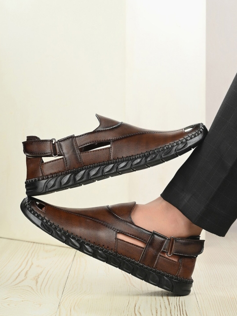 The Roadster Lifestyle Co. Men Brown Textured Shoe-Style Sandals With Velcro Closure - Image 7