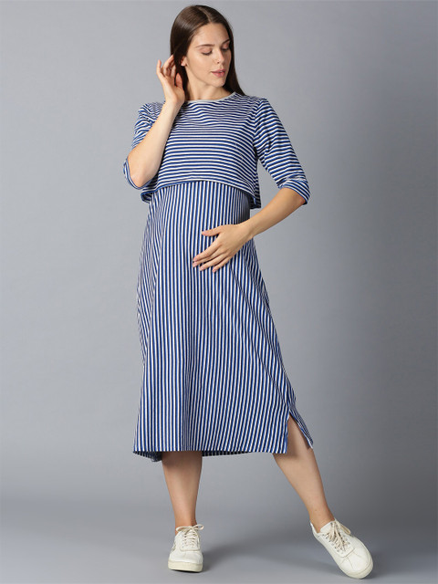 PURPLE FLAUNT Striped Layered Maternity A-Line Midi Dress