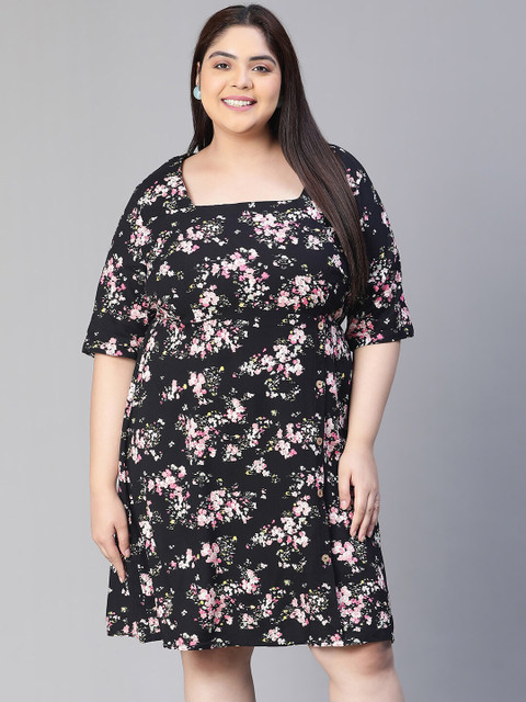 Oxolloxo Plus Size Floral Print Square Neck Short Sleeve Dress