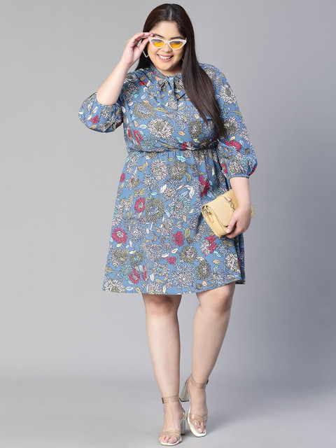 Oxolloxo Plus Size Floral Printed Tie-Up Neck Waisted A-Line Dress - Image 6