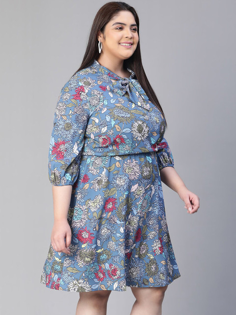 Oxolloxo Plus Size Floral Printed Tie-Up Neck Waisted A-Line Dress - Image 3