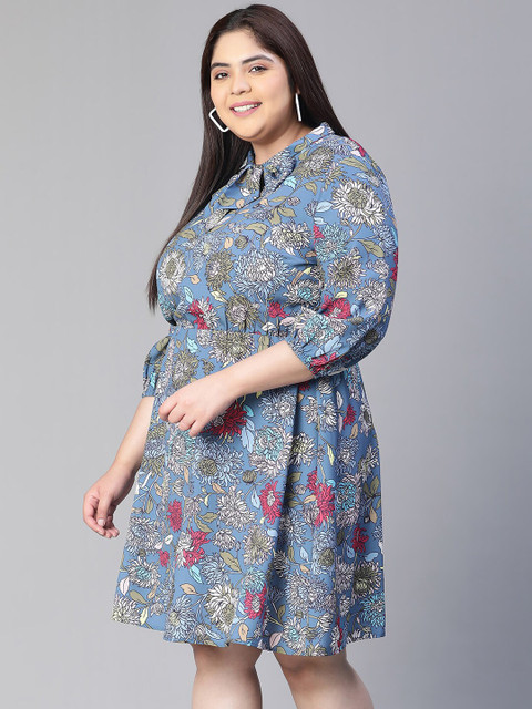 Oxolloxo Plus Size Floral Printed Tie-Up Neck Waisted A-Line Dress - Image 4
