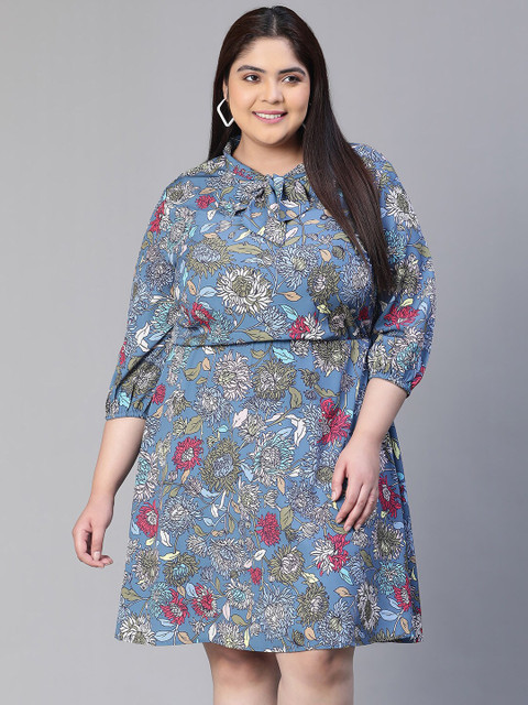 Oxolloxo Plus Size Floral Printed Tie-Up Neck Waisted A-Line Dress