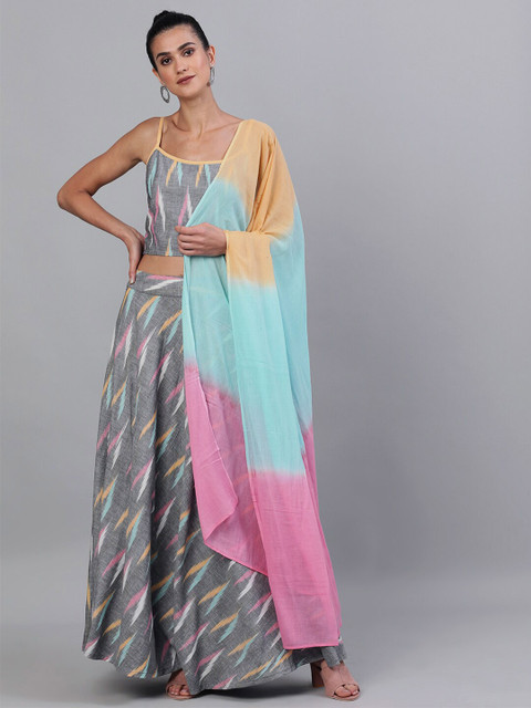 AKS Abstract Printed Ikat Ready to Wear Lehenga With Choli & Dupatta