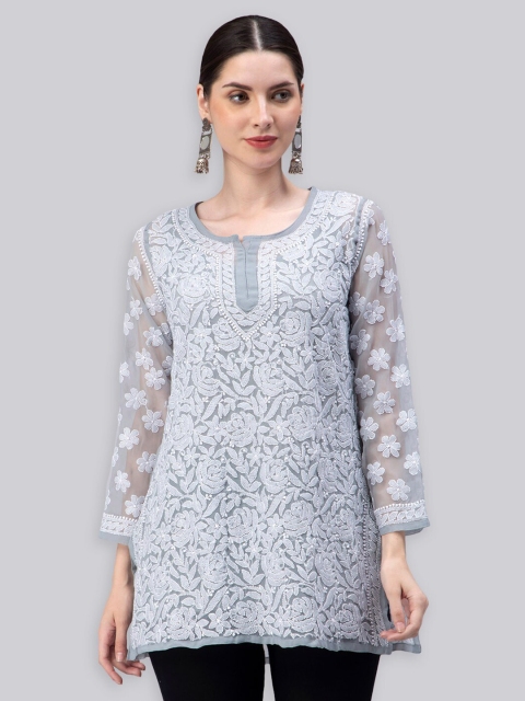 Seva Chikan Ethnic Motifs Embroidered Chikankari A Line Kurti With Slip