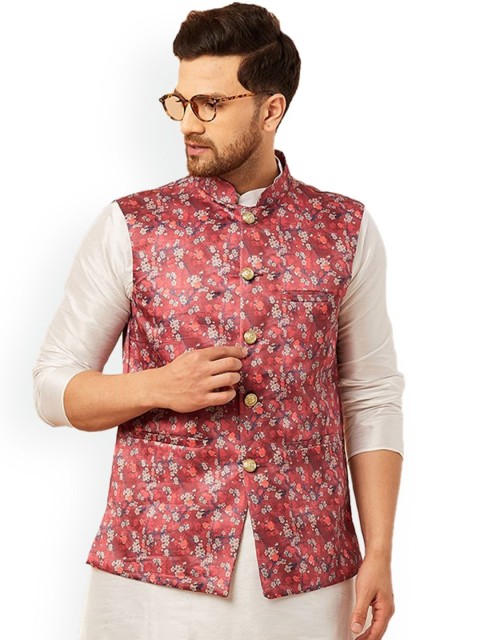 Armaan Ethnic Mandarin Collar Ethnic Motifs Printed Satin Nehru Jacket