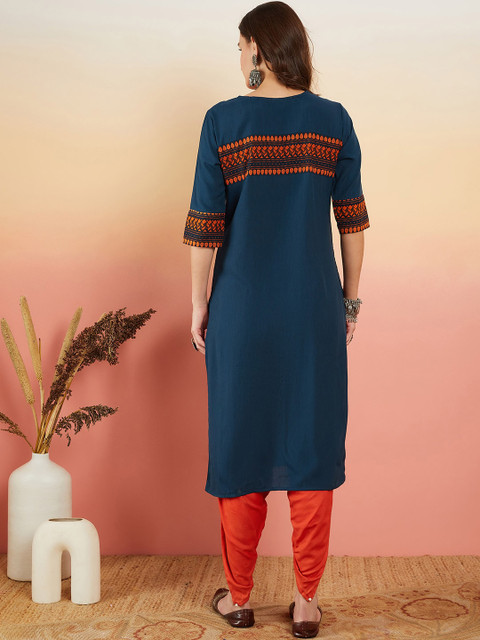 Sangria Navy Blue Ethnic Motifs Embroidered Thread Work Straight Kurta - Image 4