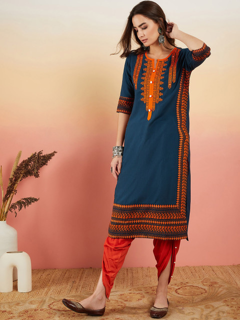 Sangria Navy Blue Ethnic Motifs Embroidered Thread Work Straight Kurta - Image 3
