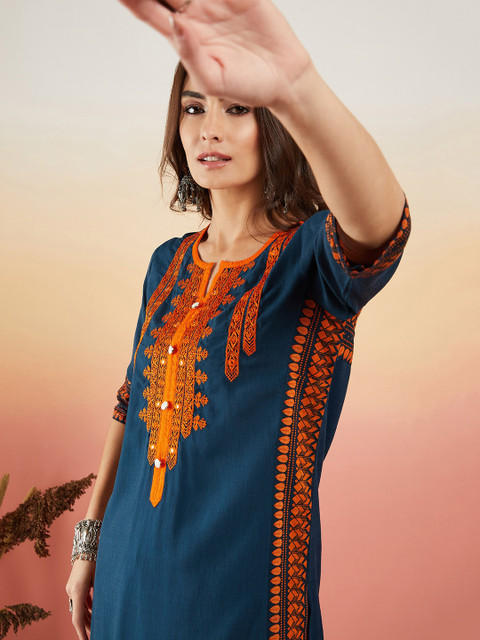 Sangria Navy Blue Ethnic Motifs Embroidered Thread Work Straight Kurta - Image 6