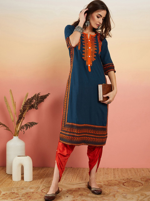 Sangria Navy Blue Ethnic Motifs Embroidered Thread Work Straight Kurta - Image 5