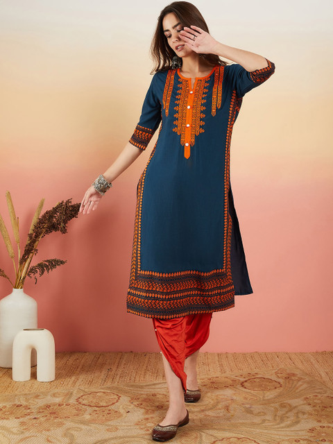 Sangria Navy Blue Ethnic Motifs Embroidered Thread Work Straight Kurta - Image 2