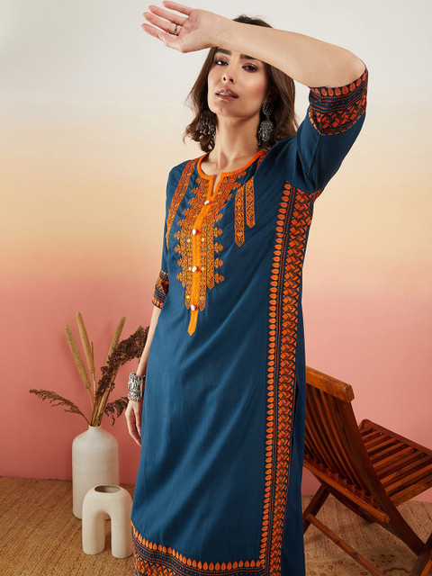 Sangria Navy Blue Ethnic Motifs Embroidered Thread Work Straight Kurta