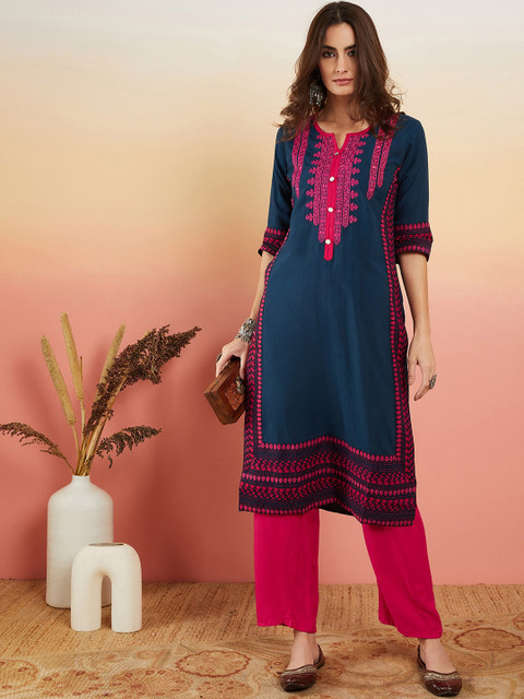 Sangria Navy Blue Ethnic Motifs Embroidered Thread Work Straight Kurta - Image 5