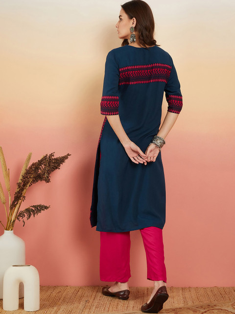 Sangria Navy Blue Ethnic Motifs Embroidered Thread Work Straight Kurta - Image 4