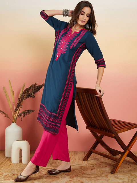 Sangria Navy Blue Ethnic Motifs Embroidered Thread Work Straight Kurta - Image 6