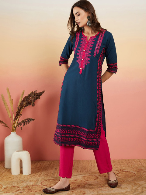 Sangria Navy Blue Ethnic Motifs Embroidered Thread Work Straight Kurta - Image 2