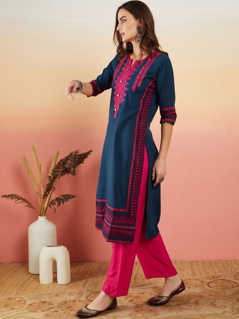 Sangria Navy Blue Ethnic Motifs Embroidered Thread Work Straight Kurta - Image 3