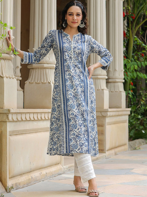 Rain & Rainbow Floral Printed A-Line Pure Cotton Kurta - Image 6
